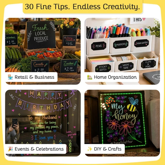 Alt view image 5 of 7 - 30 Extra Fine Tip Liquid Chalk Markers for Blackboard, Chalkboard, Window 1mm, Pastel + Neon Chalk Pens, Erasable Dry Erase Marker for Car Windows, Bistro, Wedding Sign - Fine Tip Chalkboard Markers