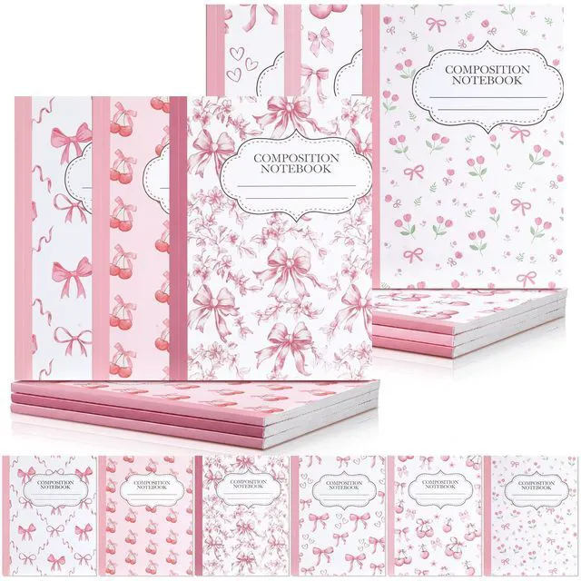 Main image of 6 Pack Pink Cherry Composition Notebook College Ruled Back to School Supplies 110 Pages Note Taking, 9-3/4 x 7-1/2"Inch Size, Preppy Aesthetic Design, Cute Journal Office Use