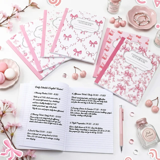 Alt view image 4 of 7 - 6 Pack Pink Cherry Composition Notebook College Ruled Back to School Supplies 110 Pages Note Taking, 9-3/4 x 7-1/2"Inch Size, Preppy Aesthetic Design, Cute Journal Office Use