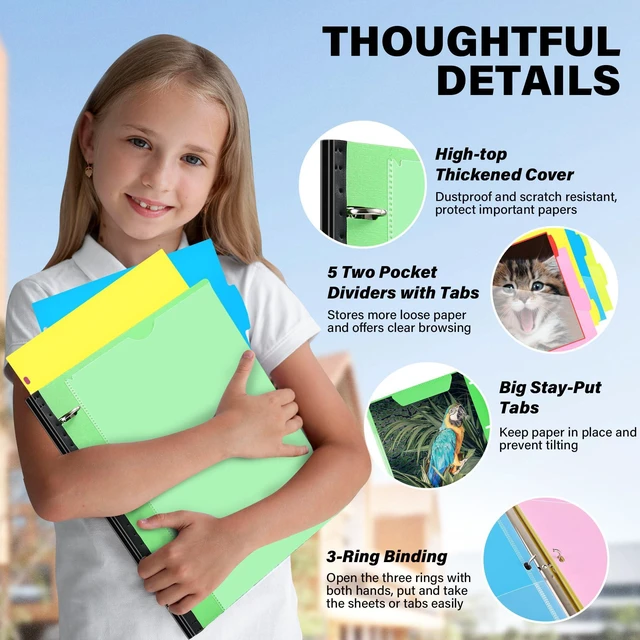 Alt view image 4 of 7 - Telescoping Project Organizer, 1 Inch 3 Ring Binder, Green Clear Front Pocket / Tabbed Catalog Pocket / 5-Tab Pocket Dividers / 1 Plastic Binder Pocket