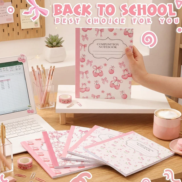 Alt view image 7 of 7 - 6 Pack Pink Cherry Composition Notebook College Ruled Back to School Supplies 110 Pages Note Taking, 9-3/4 x 7-1/2"Inch Size, Preppy Aesthetic Design, Cute Journal Office Use