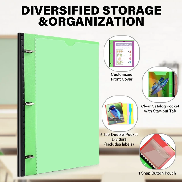 Alt view image 5 of 7 - Telescoping Project Organizer, 1 Inch 3 Ring Binder, Green Clear Front Pocket / Tabbed Catalog Pocket / 5-Tab Pocket Dividers / 1 Plastic Binder Pocket