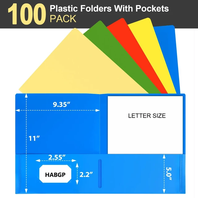 Alt view image 2 of 7 - 100 Pack Plastic Folders with Pockets, 5 Color Heavy Duty Two Pocket Folder Business Card Holder for Office, High School, Business Resume