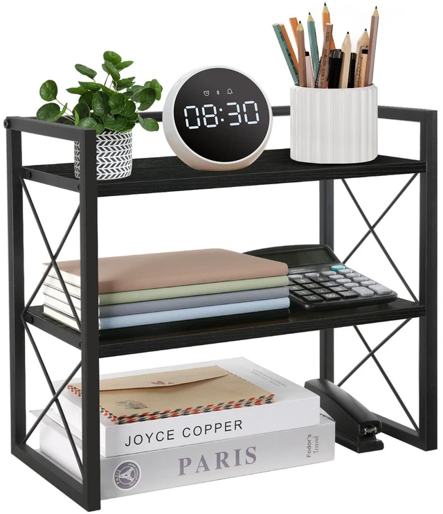 Main image of Desktop Shelf Organizer, 2 Tier Office Shelves, Wood Desk Organizer Storage Rack and Freestanding Display Shelf for Office, Dormitory, Home(Black)