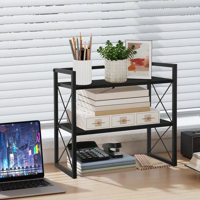 Alt view image 2 of 7 - Desktop Shelf Organizer, 2 Tier Office Shelves, Wood Desk Organizer Storage Rack and Freestanding Display Shelf for Office, Dormitory, Home(Black)