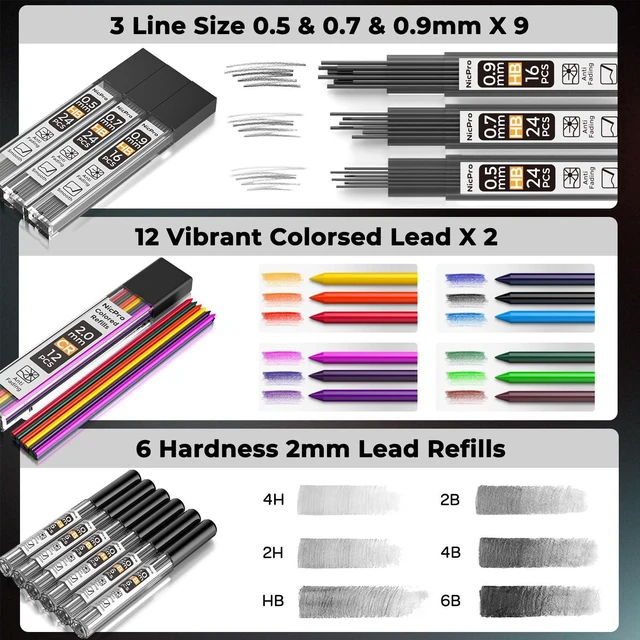 Alt view image 4 of 7 - 37PCS Art Mechanical Pencil Set, Metal Drafting Pencils 0.5 mm, 0.7 mm, 0.9 mm & 2mm Lead Pencil Holder (6B 4B 2B HB 2H 4H Colors) For Sketching Drawing With 20 Tube Lead Refills Eraser Case