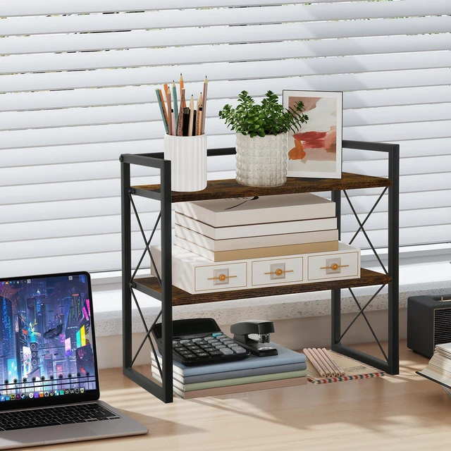 Alt view image 2 of 7 - Desktop Shelf Organizer, 2 Tier Office Shelves, Wood Desk Organizer Storage Rack and Freestanding Display Shelf for Office, Dormitory, Home