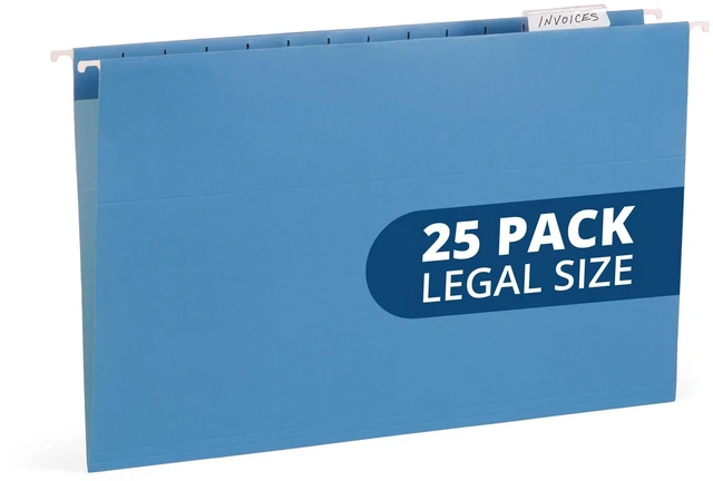 Main image of 25 Hanging File Folders, Legal Size, Reinforced 11pt, 1/5 Cut Tabs, Plastic Tabs and Inserts Included, for Filing Cabinet, Home, and Office Use