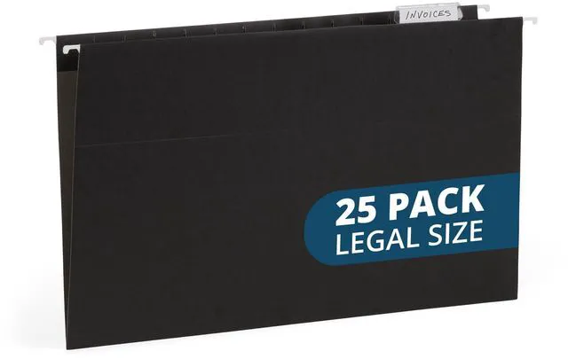 Main image of 25 Hanging File Folders, Legal Size, Black Reinforced 11pt, 1/5 Cut Tabs, Plastic Tabs and Inserts Included, for Filing Cabinet, Home, and Office Use