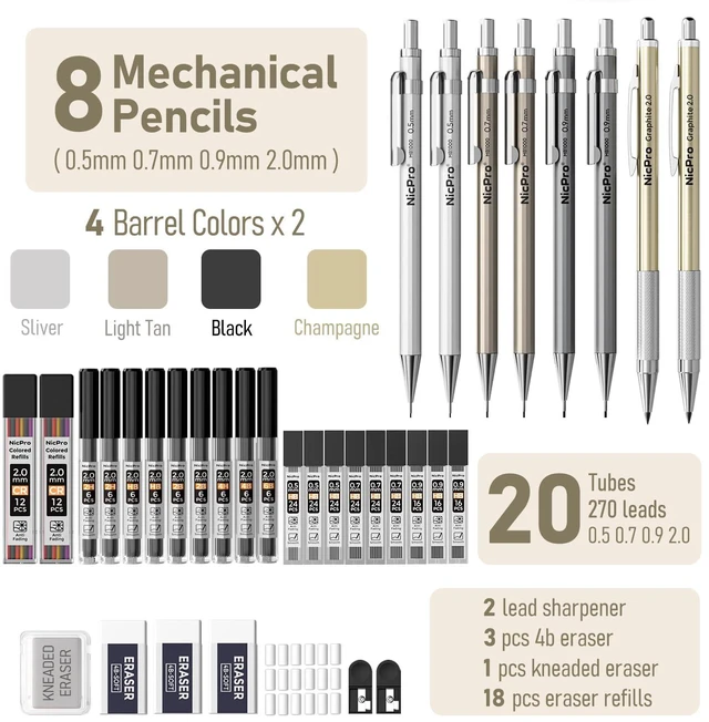 Alt view image 6 of 7 - 37PCS Art Mechanical Pencil Set, Metal Drafting Pencils 0.5 mm, 0.7 mm, 0.9 mm & 2mm Lead Pencil Holder (6B 4B 2B HB 2H 4H Colors) For Sketching Drawing With 20 Tube Lead Refills Eraser Case