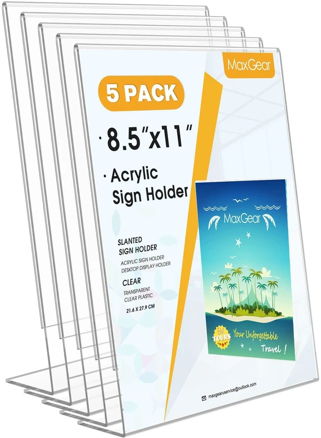 Main image of Acrylic Sign Holder, 8.5 x 11 Slant Back Display Stand, 5 Pack Clear Acrylic Material, L-Shape Design for Menus, Flyers and Signs, Easy Paper Insertion, Use In Office, Home, Store
