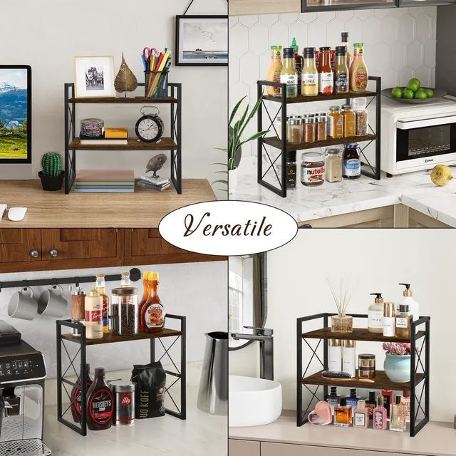 Alt view image 7 of 7 - Desktop Shelf Organizer, 2 Tier Office Shelves, Wood Desk Organizer Storage Rack and Freestanding Display Shelf for Office, Dormitory, Home