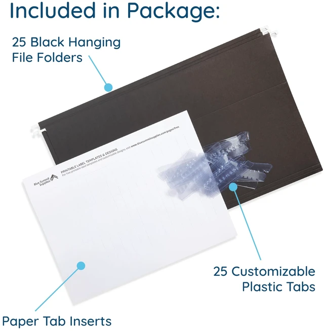 Alt view image 3 of 6 - 25 Hanging File Folders, Legal Size, Black Reinforced 11pt, 1/5 Cut Tabs, Plastic Tabs and Inserts Included, for Filing Cabinet, Home, and Office Use