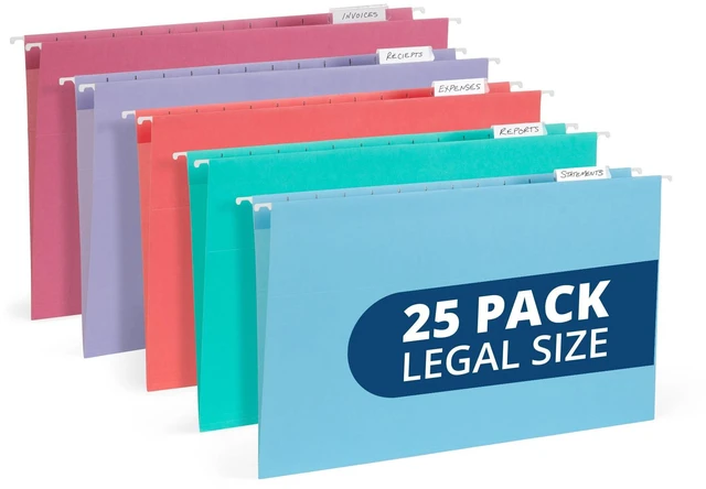Main image of 25 Hanging File Folders, Legal Size, Gem Tones Reinforced 11pt, 1/5 Cut Tabs, Tabs and Inserts Included, Color-Coded Filing for Cabinet, Home, and Office