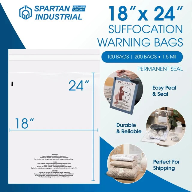 Alt view image 2 of 7 - 18" X 24" (100 Count) Self Seal Clear Poly Bags with Suffocation Warning for Packaging, T Shirts - Permanent Adhesive