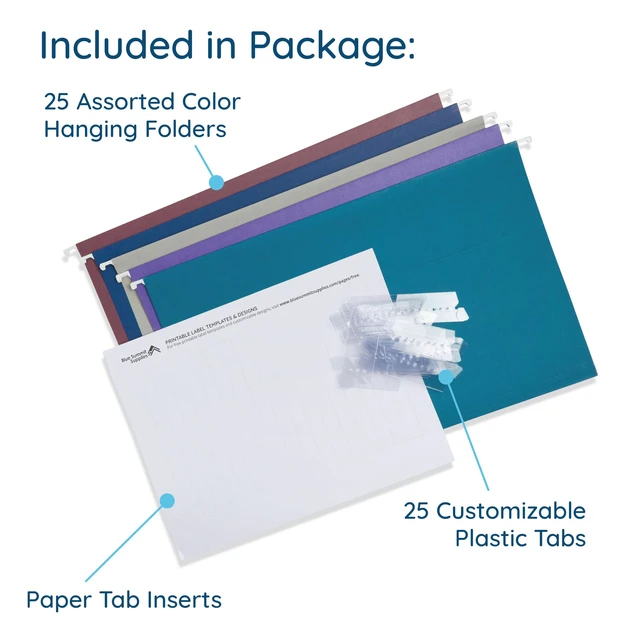 Alt view image 3 of 7 - 25 Hanging File Folders, Legal Size, Jewel Tones Reinforced 11pt, 1/5 Cut Tabs, Tabs and Inserts Included, Color-Coded Filing for Cabinet, Home, and Office