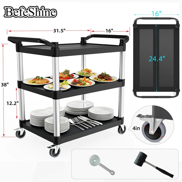 Alt view image 4 of 7 - Plastic Utility Carts with Wheels, 3-Tier Rolling Cart, Restaurant Cart 300 lbs Heavy Duty Capacity with 4 inch Silent Casters(2 Lockable), for Home, Office, Restaurant, Warehouse.31.5"× 16" × 38"