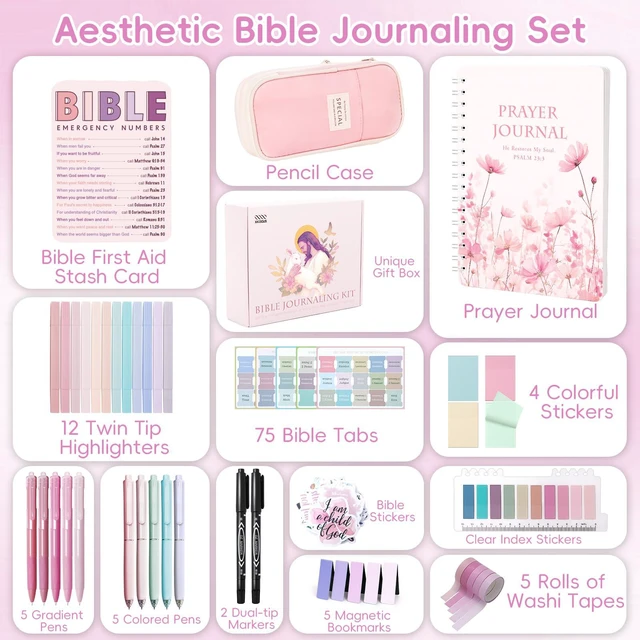 Alt view image 6 of 7 - 50 Bible Study Supplies Journaling Kit with Journal and Case, Pink Bible Study Journaling Kit for Women, Deluxe Gift Box with Bible Accessories Helps Highlight Verses, Organize Notes