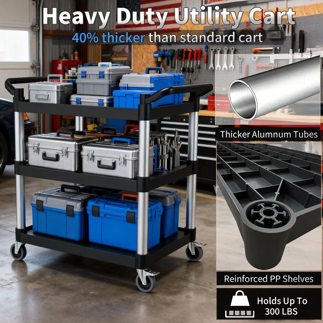 Alt view image 3 of 7 - Plastic Utility Carts with Wheels, 3-Tier Rolling Cart, Restaurant Cart 300 lbs Heavy Duty Capacity with 4 inch Silent Casters(2 Lockable), for Home, Office, Restaurant, Warehouse.31.5"× 16" × 38"