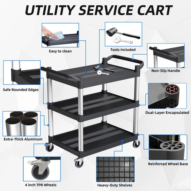 Alt view image 7 of 7 - Plastic Utility Carts with Wheels, 3-Tier Rolling Cart, Restaurant Cart 300 lbs Heavy Duty Capacity with 4 inch Silent Casters(2 Lockable), for Home, Office, Restaurant, Warehouse.31.5"× 16" × 38"