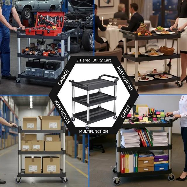 Alt view image 5 of 7 - Plastic Utility Carts with Wheels, 3-Tier Rolling Cart, Restaurant Cart 300 lbs Heavy Duty Capacity with 4 inch Silent Casters(2 Lockable), for Home, Office, Restaurant, Warehouse.31.5"× 16" × 38"