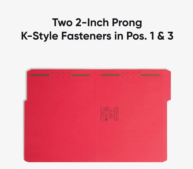 Alt view image 6 of 6 - Fastener File Folders, Reinforced 1/3-Cut Tabs, 2 Fasteners, Letter Size, Red, 50 per Box (12740)