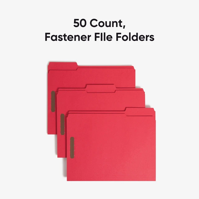 Alt view image 4 of 6 - Fastener File Folders, Reinforced 1/3-Cut Tabs, 2 Fasteners, Letter Size, Red, 50 per Box (12740)
