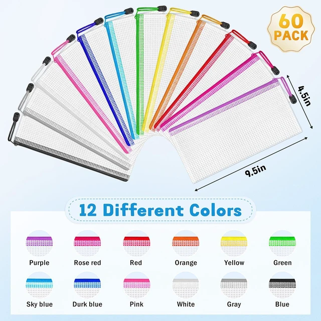 Alt view image 2 of 7 - 60 Pack Pencil Pouch Bulk, 9.5" x 4.5" Mesh Zipper Pouch, 12 Colors Small Clear Zipper Pouch Pencil Case for Supplies Storage, Travel, Cash, Cosmetics, Office with Translucent Waterproof PVC