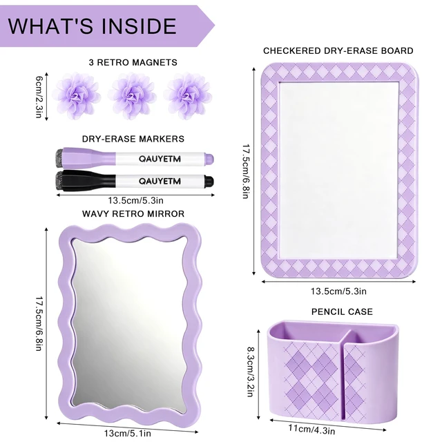 Alt view image 3 of 7 - 8 PCS Purple Locker Accessories Kit for Girls with Magnetic Mirror Whiteboard Pen Holder Flower Magnets Cute Aesthetic Locker Decoration Set for School Dorm Office Organization
