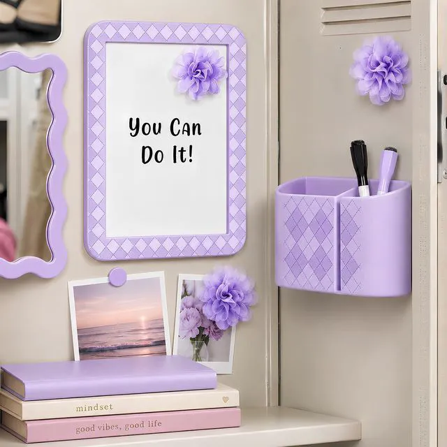 Alt view image 2 of 7 - 8 PCS Purple Locker Accessories Kit for Girls with Magnetic Mirror Whiteboard Pen Holder Flower Magnets Cute Aesthetic Locker Decoration Set for School Dorm Office Organization