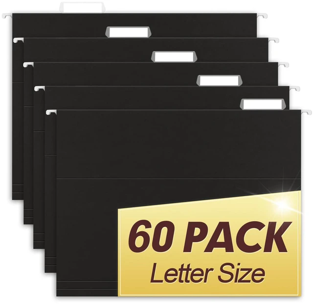 Main image of Hanging File Folders, 60 Pack Reinforced Letter Size Hanging Folders, Designed for Bulky Files, Filing Cabinet, 1/5-Cut Adjustable Tabs (Black)
