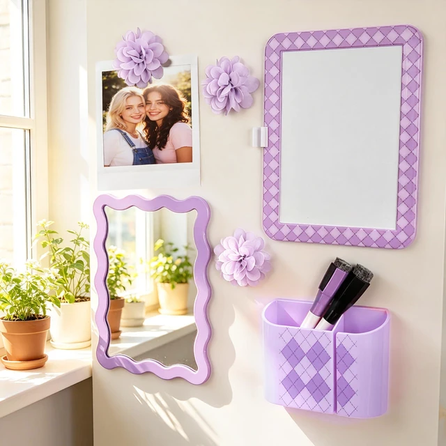 Alt view image 6 of 7 - 8 PCS Purple Locker Accessories Kit for Girls with Magnetic Mirror Whiteboard Pen Holder Flower Magnets Cute Aesthetic Locker Decoration Set for School Dorm Office Organization