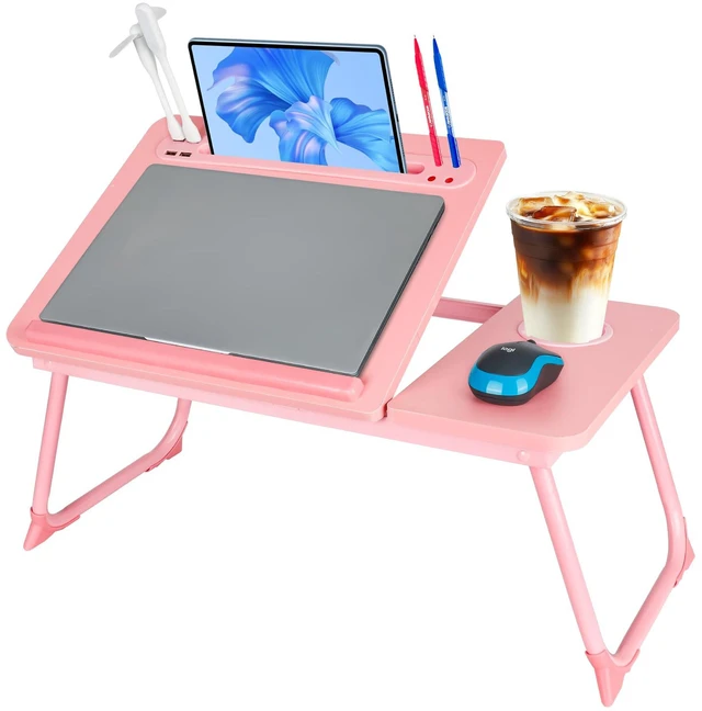 Main image of Laptop Bed Desk, Adjustable Lap Desk, Small Laptop Table with USB Charge Port, Desktop Card &Pen Slot, Cup Holder, Foldable Bed Tray Table for Couch Sofa Chair Floor Eating Working