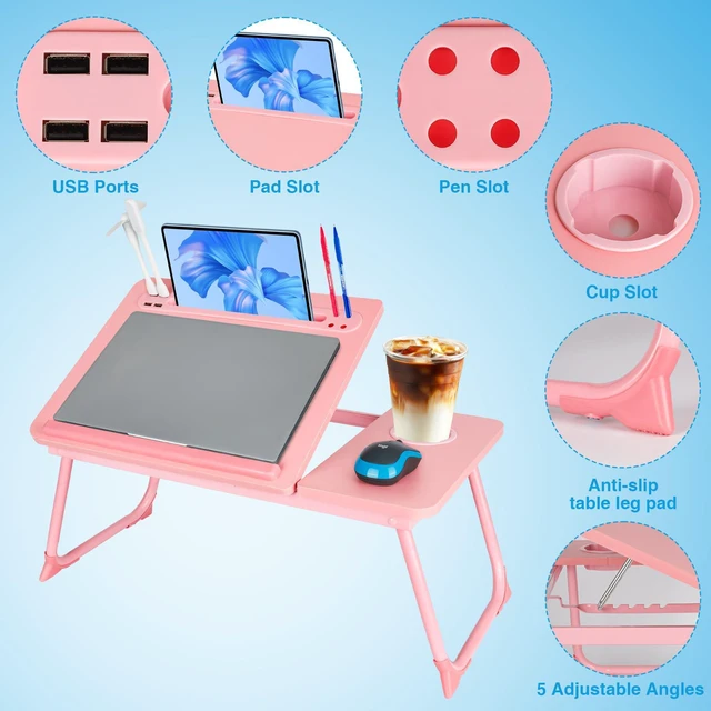Alt view image 3 of 7 - Laptop Bed Desk, Adjustable Lap Desk, Small Laptop Table with USB Charge Port, Desktop Card &Pen Slot, Cup Holder, Foldable Bed Tray Table for Couch Sofa Chair Floor Eating Working