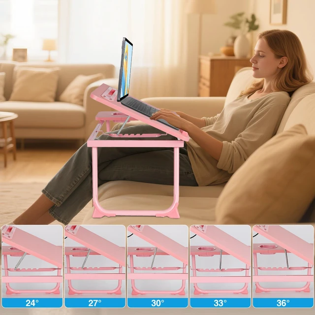 Alt view image 4 of 7 - Laptop Bed Desk, Adjustable Lap Desk, Small Laptop Table with USB Charge Port, Desktop Card &Pen Slot, Cup Holder, Foldable Bed Tray Table for Couch Sofa Chair Floor Eating Working