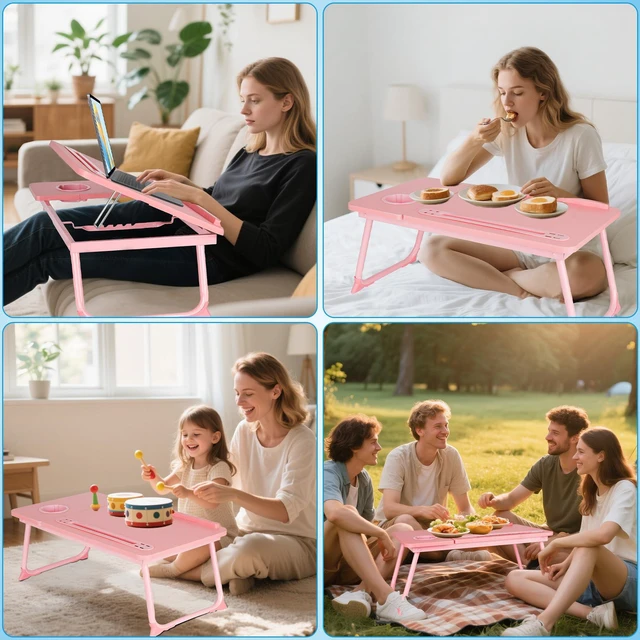 Alt view image 6 of 7 - Laptop Bed Desk, Adjustable Lap Desk, Small Laptop Table with USB Charge Port, Desktop Card &Pen Slot, Cup Holder, Foldable Bed Tray Table for Couch Sofa Chair Floor Eating Working