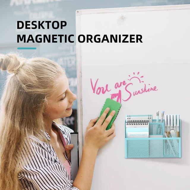 Alt view image 2 of 7 - 3-Grid Magnetic Pencil Holder, Strong Magnet Locker Organizer, Blue Mesh Magnetic Shelf, Marker Holder Perfect for Whiteboard, Refrigerator and Locker Accessories
