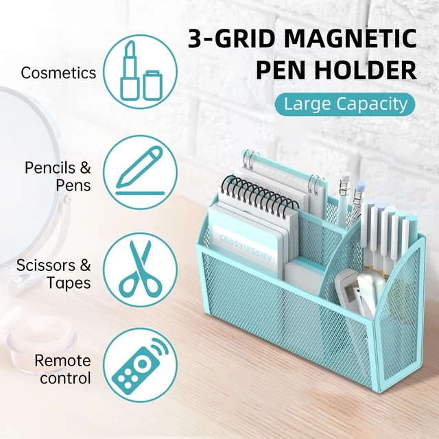 Alt view image 3 of 7 - 3-Grid Magnetic Pencil Holder, Strong Magnet Locker Organizer, Blue Mesh Magnetic Shelf, Marker Holder Perfect for Whiteboard, Refrigerator and Locker Accessories