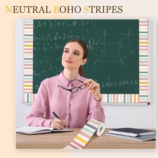 Alt view image 6 of 7 - Classroom Bulletin Board Border Stripe 65 Ft,Boho Straight Edge Rolled Paper, Classroom Bulletin Boards Decoration, Teacher Supplies, School Displays, Versatile Home Decor