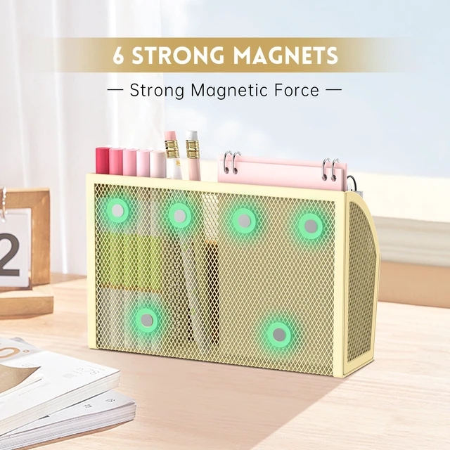 Alt view image 3 of 7 - 3-Grid Magnetic Pencil Holder, Strong Magnet Locker Organizer, Yellow Mesh Magnetic Shelf, Marker Holder Perfect for Whiteboard, Refrigerator and Locker Accessories
