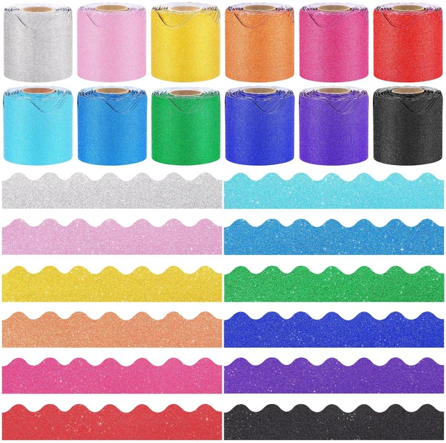 Main image of 12 Rolls 393.6 Feet Scalloped Bulletin Board Borders Glitter Mixed Colors Classroom Borders for Bulletin Board Trim Bulletin Border Decoration Strips for School, Classroom Decorations