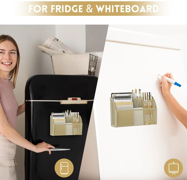 Alt view image 4 of 7 - 3-Grid Magnetic Pencil Holder, Strong Magnet Locker Organizer, Yellow Mesh Magnetic Shelf, Marker Holder Perfect for Whiteboard, Refrigerator and Locker Accessories