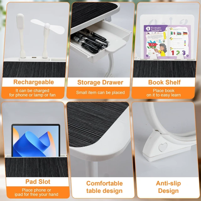 Alt view image 4 of 7 - Laptop Desk for Bed, Adjustable Height Laptop Bed Table, Foldable Lap Desk with USB Charge Port, Desktop Card Slot, Side Drawer, Book Shelf, Portable Lap Tray for Eating Reading Working Sofa & Floor