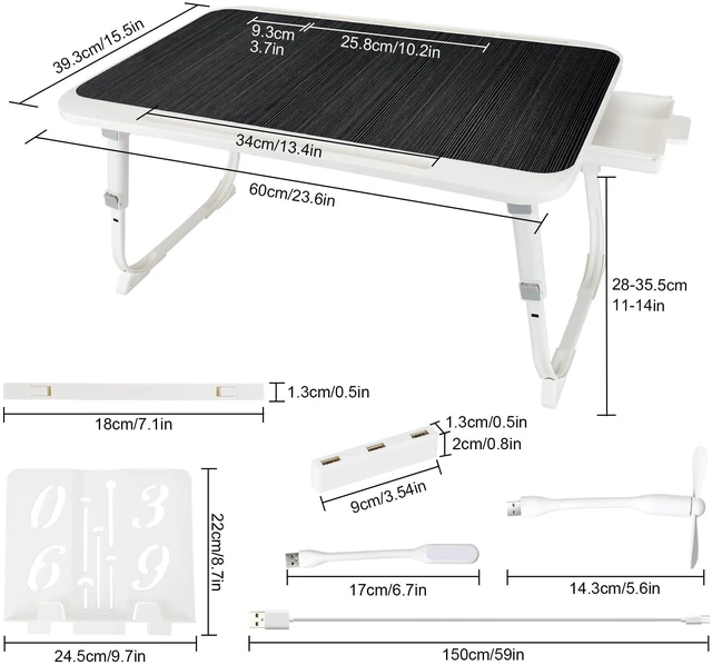 Alt view image 2 of 7 - Laptop Desk for Bed, Adjustable Height Laptop Bed Table, Foldable Lap Desk with USB Charge Port, Desktop Card Slot, Side Drawer, Book Shelf, Portable Lap Tray for Eating Reading Working Sofa & Floor