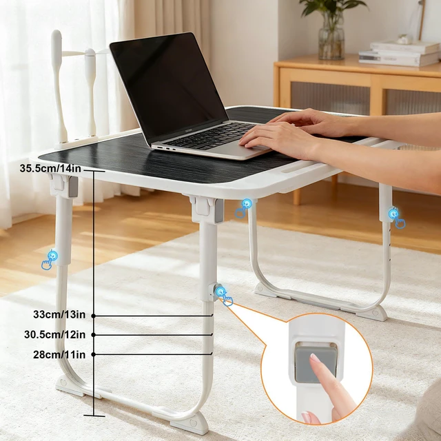 Alt view image 3 of 7 - Laptop Desk for Bed, Adjustable Height Laptop Bed Table, Foldable Lap Desk with USB Charge Port, Desktop Card Slot, Side Drawer, Book Shelf, Portable Lap Tray for Eating Reading Working Sofa & Floor