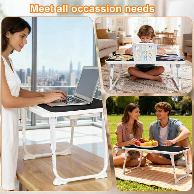 Alt view image 5 of 7 - Laptop Desk for Bed, Adjustable Height Laptop Bed Table, Foldable Lap Desk with USB Charge Port, Desktop Card Slot, Side Drawer, Book Shelf, Portable Lap Tray for Eating Reading Working Sofa & Floor
