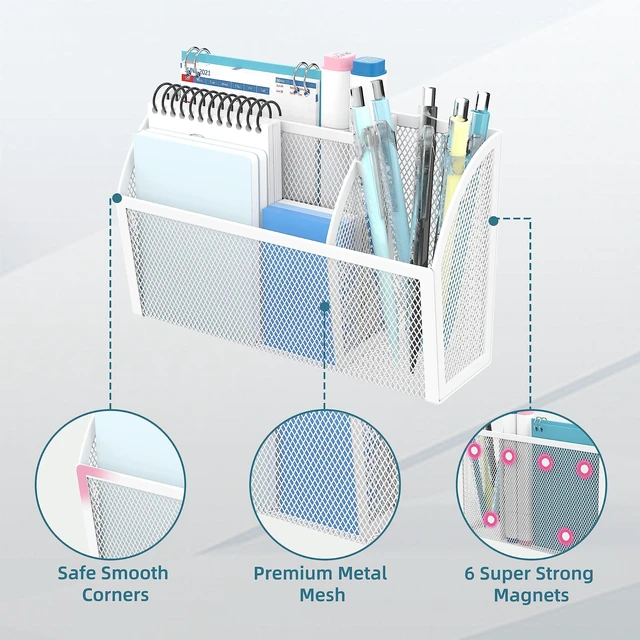 Alt view image 3 of 7 - 3-Grid Magnetic Pencil Holder, Strong Magnet Locker Organizer, White Mesh Magnetic Shelf, Marker Holder Perfect for Whiteboard, Refrigerator and Locker Accessories