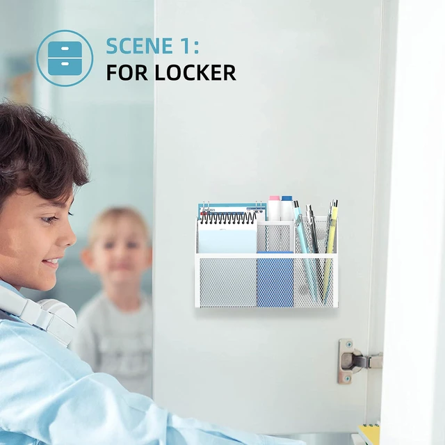 Alt view image 4 of 7 - 3-Grid Magnetic Pencil Holder, Strong Magnet Locker Organizer, White Mesh Magnetic Shelf, Marker Holder Perfect for Whiteboard, Refrigerator and Locker Accessories