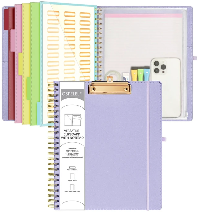 Main image of Foldable Spiral Clipboard Folio with Storage Zipper Pouch, 5 Plastic Folders with 10 Pockets, Refillable Lined Notepad (11" x 8.5"), Linen Hardcover Project Organizer (Light Purple)