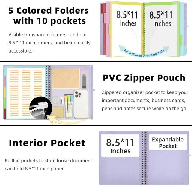 Alt view image 2 of 7 - Foldable Spiral Clipboard Folio with Storage Zipper Pouch, 5 Plastic Folders with 10 Pockets, Refillable Lined Notepad (11" x 8.5"), Linen Hardcover Project Organizer (Light Purple)